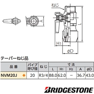 NVM20J プッシュマスター バルブ付きオスアダプター　テーパーネジ