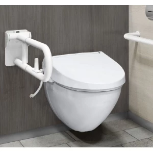 KF-H470EH60J WA は、パブリック向けの壁掛便器との組み合わせに適した、ロック付きの跳ね上げ手すりです。使いやすく、デザインにも配慮されたトイレ手すりです。