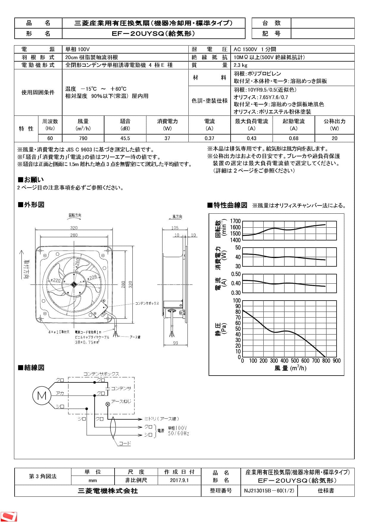 タイプ EF-20UYSQ2-K 三菱電機 産業用有圧換気扇 機器冷却用 回転