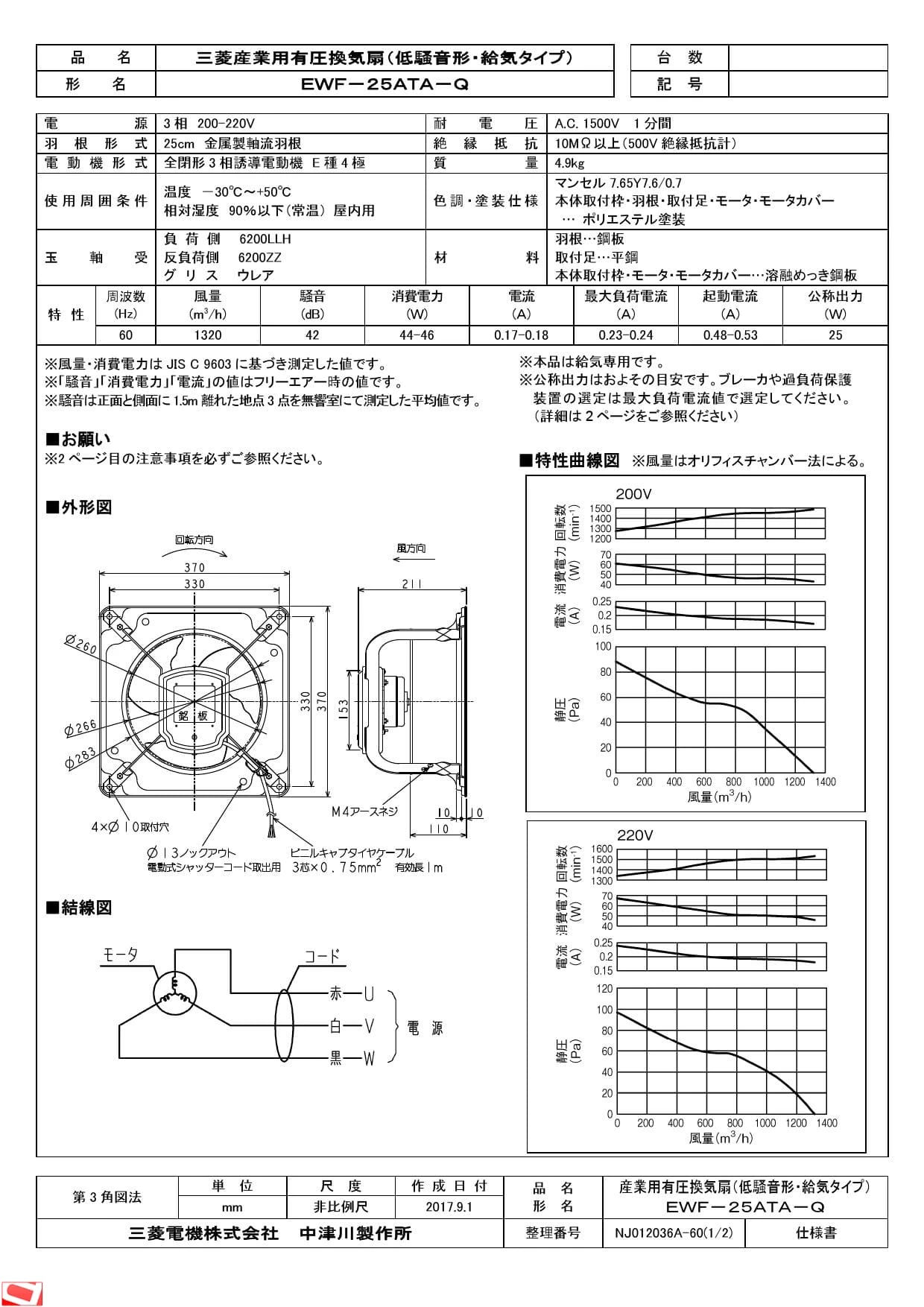三菱【EWF-25ATA2】産業用有圧換気扇 低騒音形 排気専用 羽根径：25cm 3相200V-220V 旧品番EWF-25ATA | 施主のミカタ
