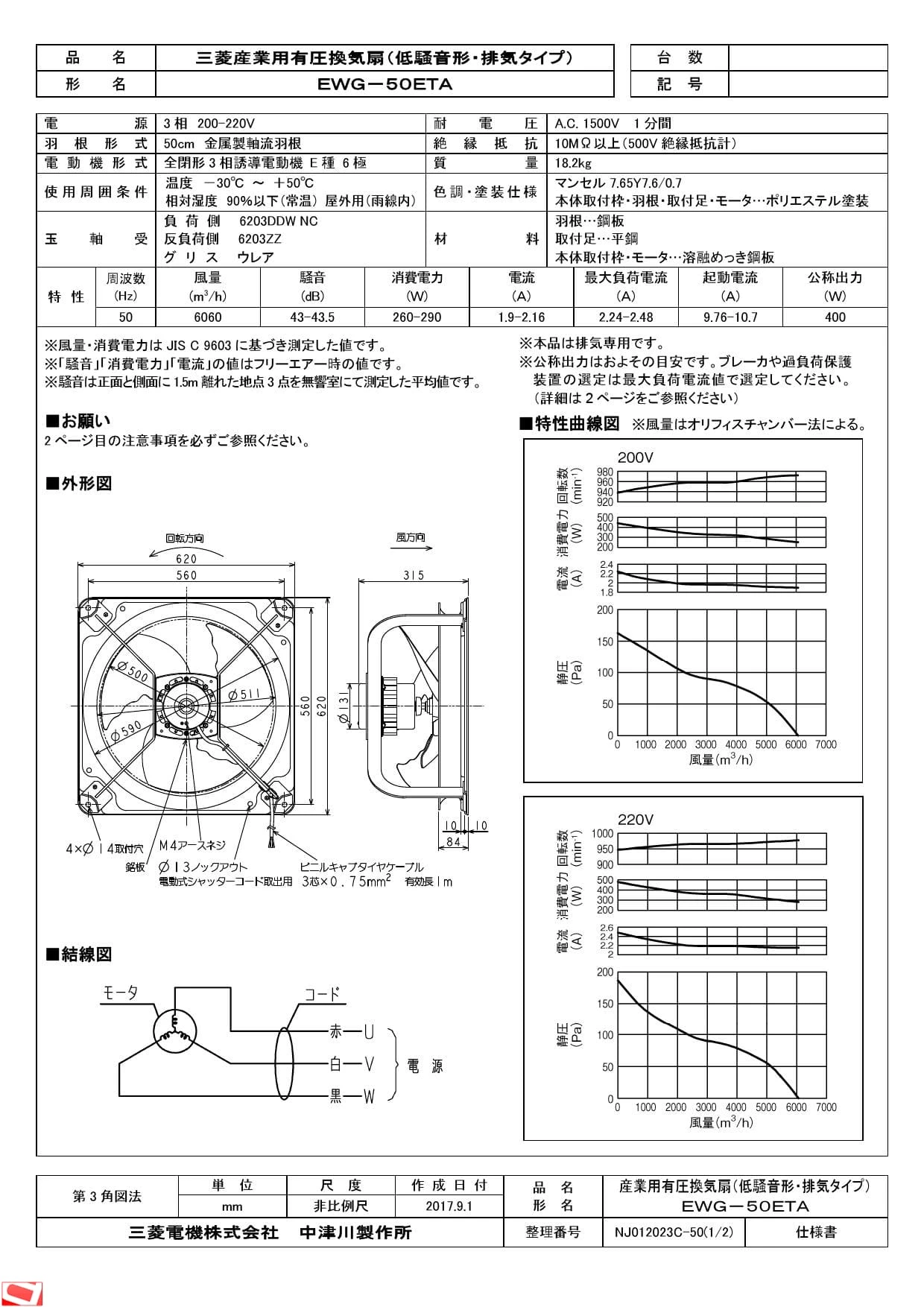 三菱電機 EWG-50ETA 納入仕様図|三菱電機 産業用有圧換気扇 低 三菱電機 EWG-50ETA 納入仕様図|三菱電機 産業用有圧換気扇 低