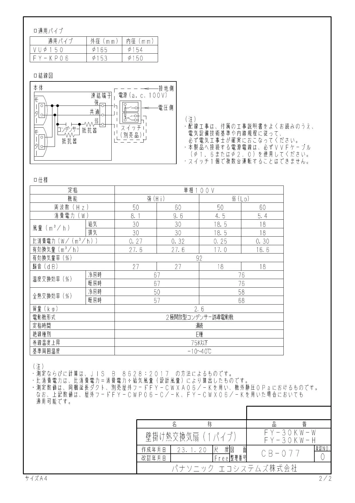 パナソニック　気調システム　FY-30KW-W