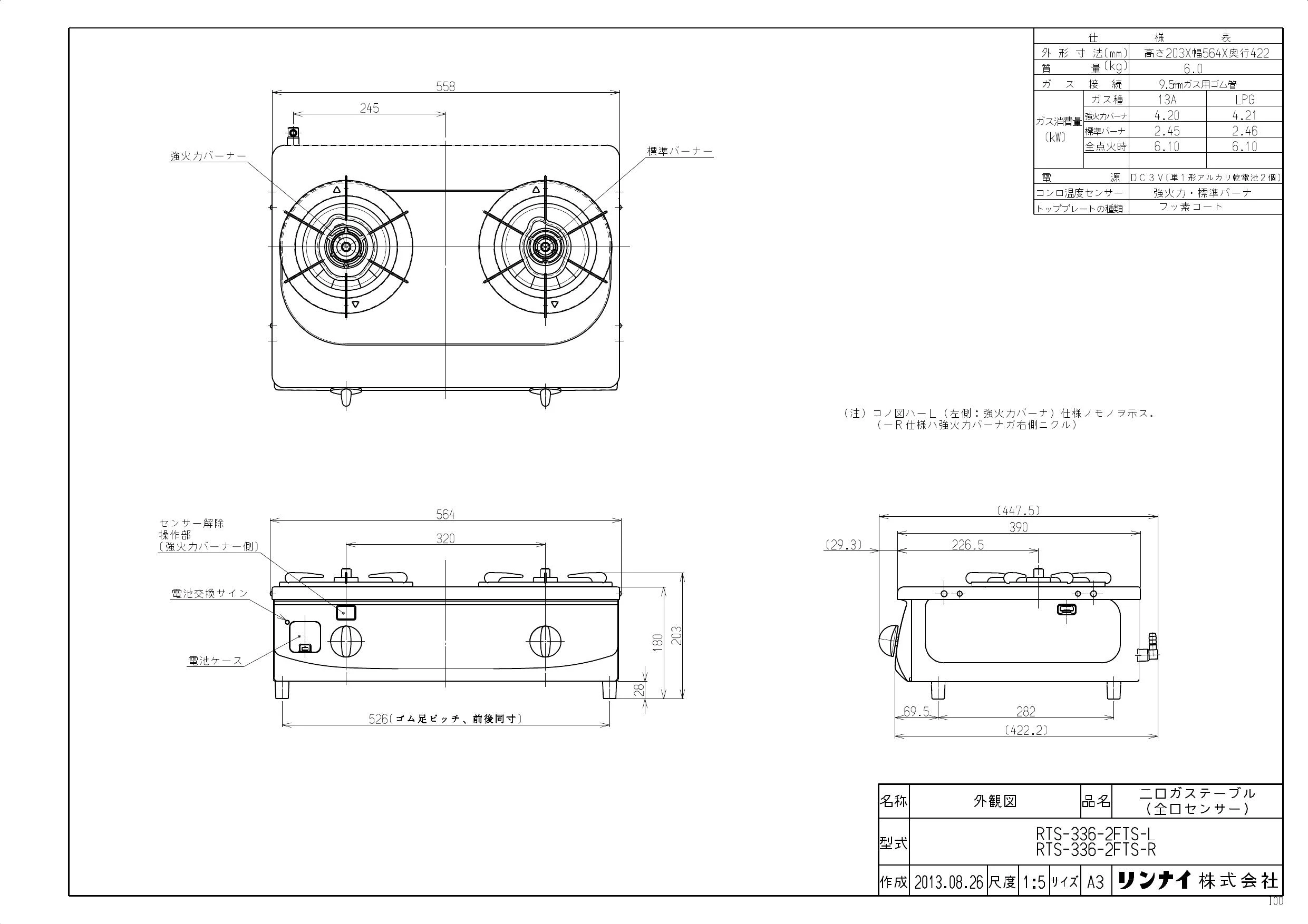 リンナイ　ガステーブル　二口コンロ　RTS-336-2FTS