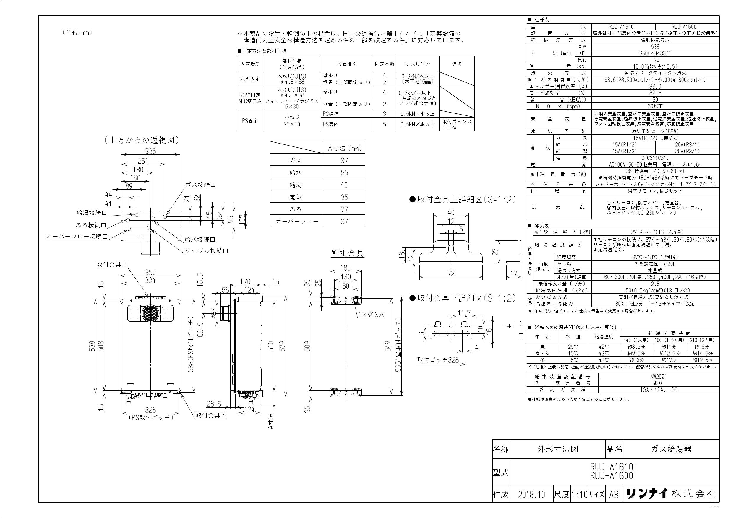 リンナイ ガスふろ給湯器 高温水供給タイプ RUJ-Aシリーズ PS扉内設置型 PS前排気型 排気延長不可タイプ 16号 都市ガス Rinnai  保障できる