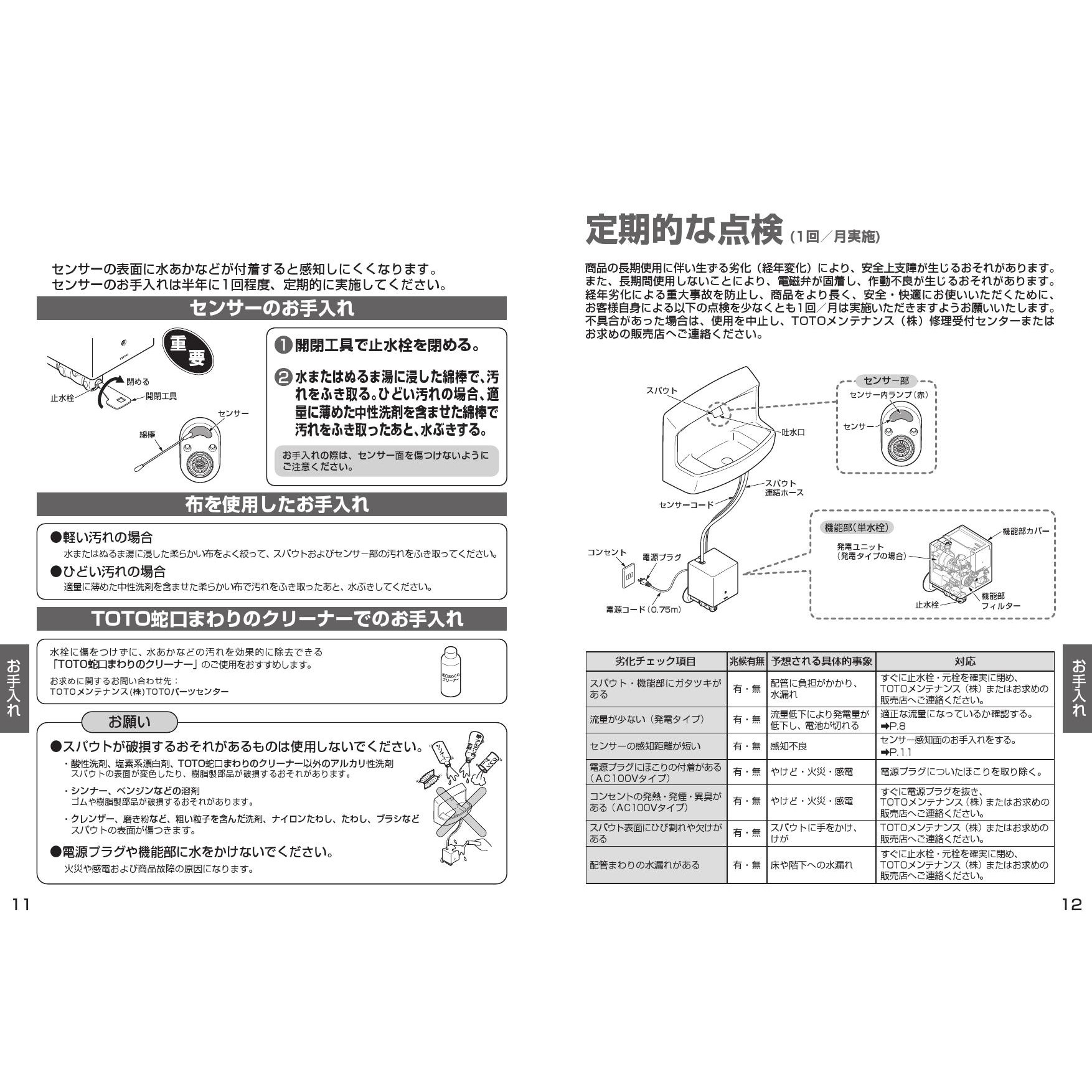 TLE38501JA 手洗器用自動水栓（単水栓、AC100V） 取扱説明書 商品図面 